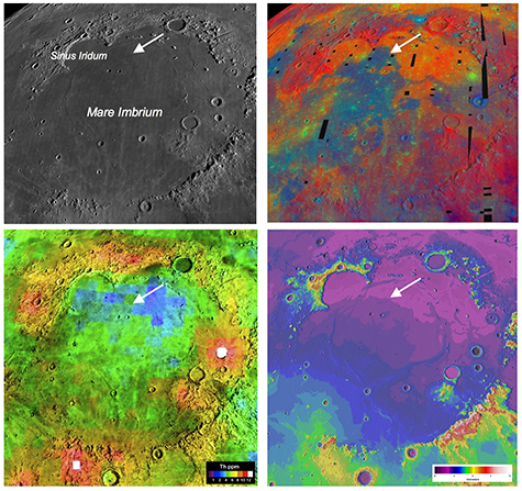 Four views of the Mare Imbrium basin and the Chang’e-3 landing site demonstrate how different the Moon looks to different types of remote sensing, underscoring the need for ground truth to calibrate the orbital observations. For a larger version of this image click here.