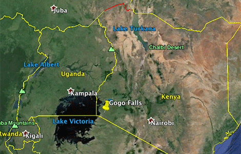 Map of Africa showing Lake Victoria basin and Gogo Falls.